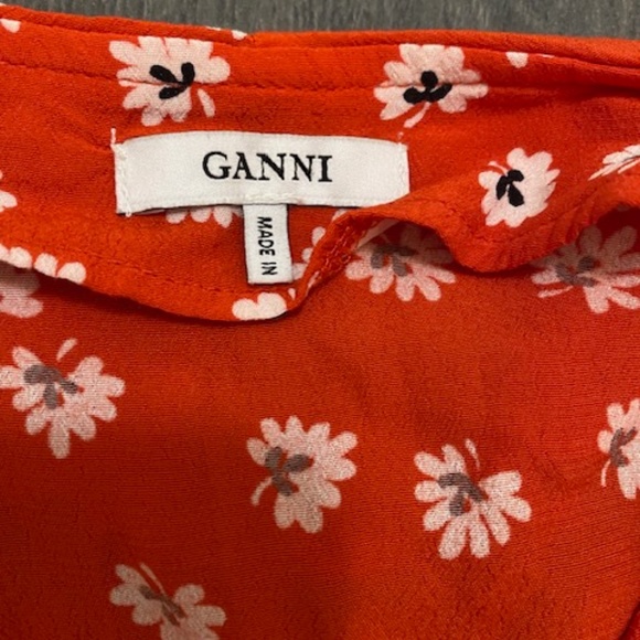 Ganni Floral Crepe Long Sleeve Wrap Red Ruffle Neckline Size EU 36 / US 4 - Picture 3 of 8